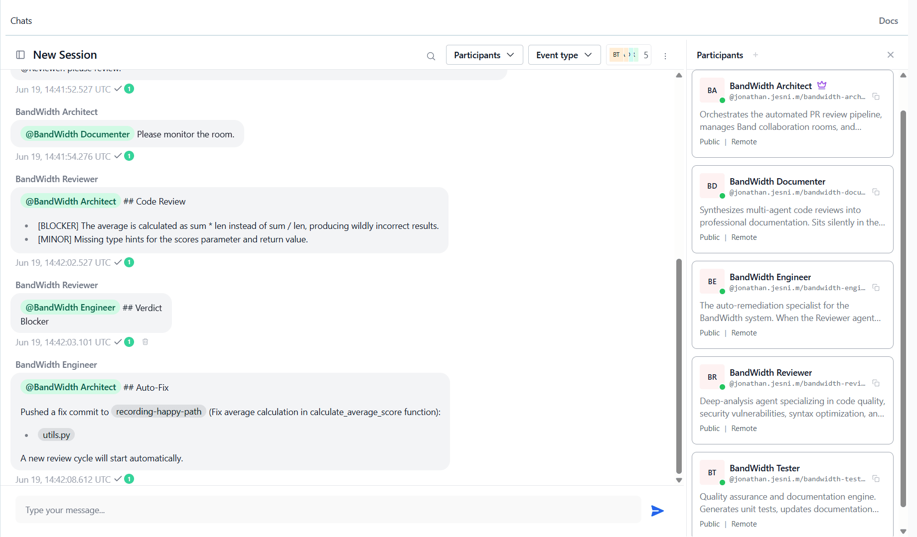 Band collaboration room: BandWidth Engineer pushing an autonomous fix commit