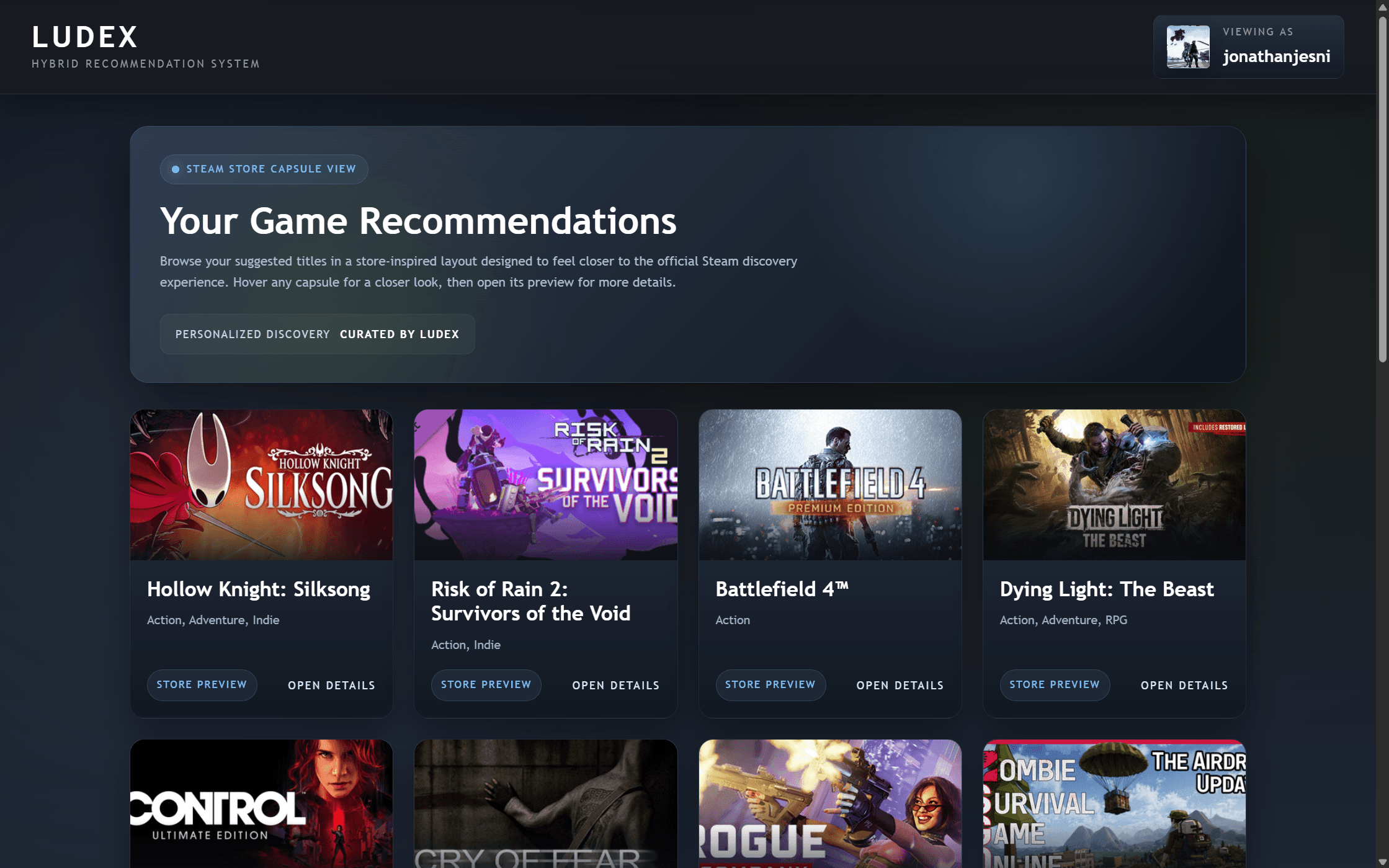 Ludex personalized game recommendations