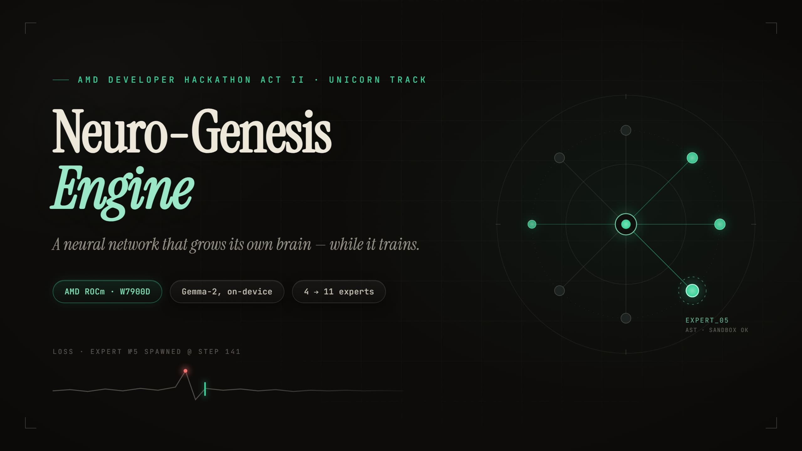 Neuro-Genesis Engine title card - self-expanding Mixture-of-Experts, AMD Developer Hackathon Act II